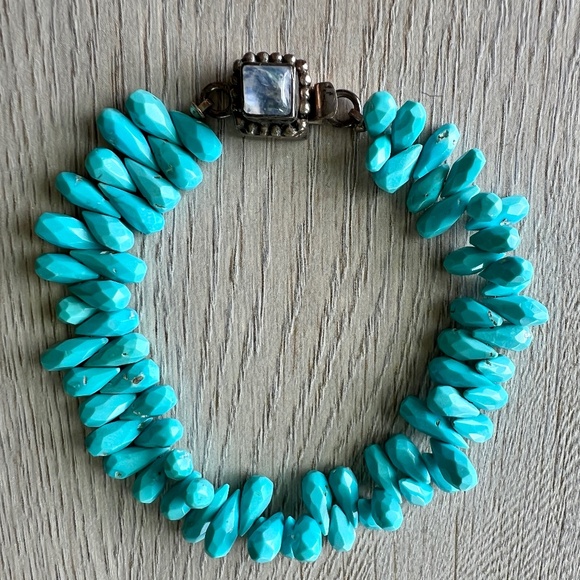 Sleeping Beauty Turquoise Bracelet w Moonstone Clasp – 1990s Vintage - Picture 1 of 15